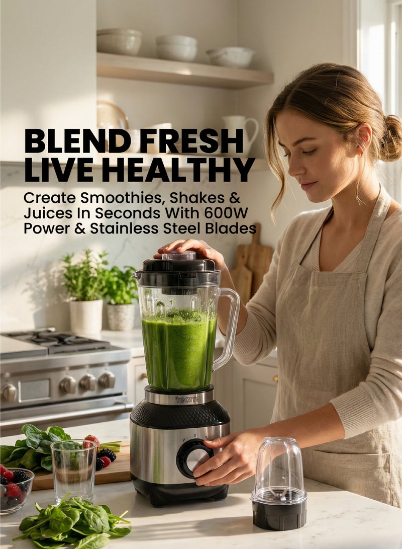 TEAM Blender – 600W Powerful Mixer Grinder with 1.8L Jar, 2-Speed + Pulse, Stainless Steel Blade, Dry Mill Cup for Spices & Coffee, Safety Lock – Durable ABS Body - Image 2